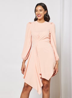 Buy Casual Polyester Long Sleeve Mini Dress With Round Neck Asymmetrical Hem 83 Pink in UAE