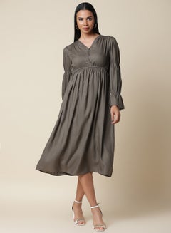 Buy Solid Pattern V-Neck Midi Dress Olive in Saudi Arabia