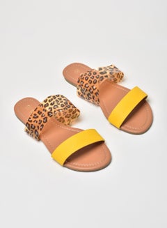 Buy Animal Printed Double Strap Flat Sandals Yellow/Brown/Black in Saudi Arabia