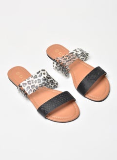 Buy Animal Printed Double Strap Flat Sandals Black/Grey in Saudi Arabia