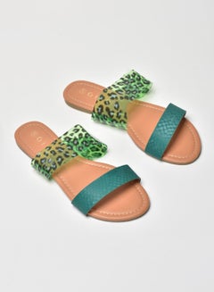 Buy Animal Printed Double Strap Flat Sandals Green/Black in Saudi Arabia