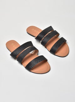 Buy Animal Printed Triple Strap Flat Sandals Black in Saudi Arabia