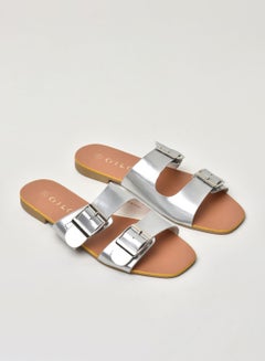 Buy Buckle Detail Double Strap Flat Sandals Silver in Saudi Arabia