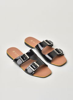 Buy Buckle Detail Double Strap Flat Sandals Black in Saudi Arabia