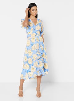 Buy Floral Print Asymmetric Hem Dress Blue in UAE