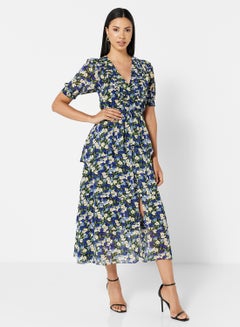 Buy Floral Print Ruffle Detail Dress Blue/Beige in UAE