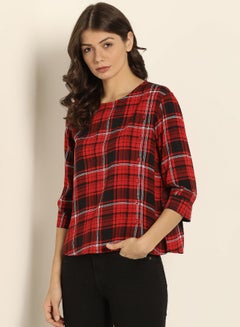 Buy Side Placket Checkered Three-Quarter Sleeve Round Neck Top Red/Black in Saudi Arabia