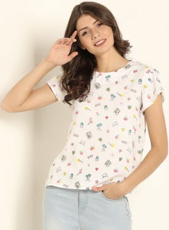 Buy Flared Sleeve Printed Round Neck Top Multicolour in Saudi Arabia