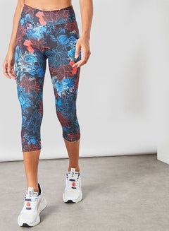 Buy Women's High Rise Sports Training Workout Cropped Knee Length Stretch Leggings with Elastic Waist And All Over Print Multicolour in Saudi Arabia