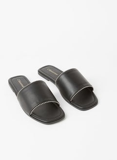 Buy Linzy Pearl Trim Edge Flat Sandals Black in Saudi Arabia