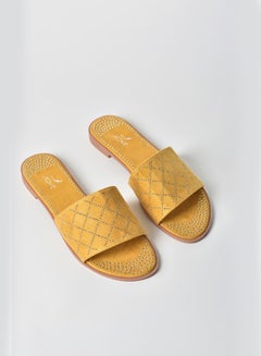Buy Studded Slip-On Flat Sandals Dark Yellow in UAE