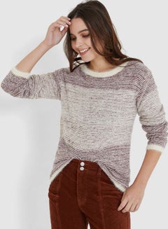 Buy Solid Textured Long Sleeves Pullover White/Brown in UAE