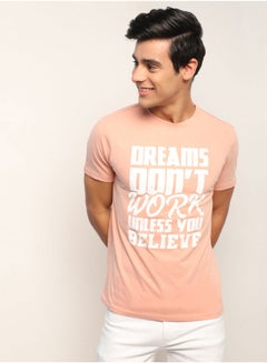 Buy Men casual slim fit dreams graphic printed T-shirt Pink/White in Saudi Arabia