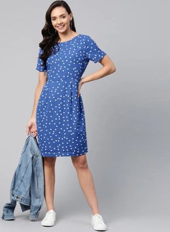 Buy Polka Dot Printed Casual Mini Dress Princess Blue in Saudi Arabia