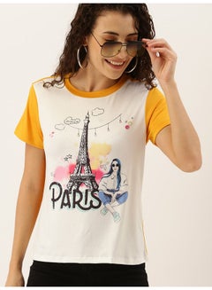 Buy Printed Crew Neck T-Shirt Off White/Yellow in UAE