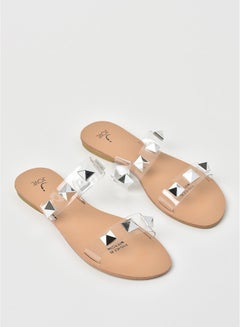 Buy Embellished Double Strap Flat Sandals Silver/Clear in Saudi Arabia