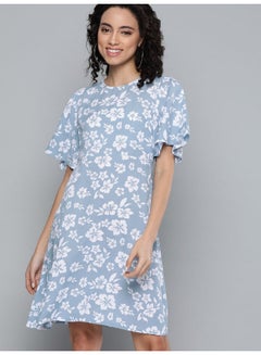 Buy Floral Print A-Line Mini Dress Blue/White in Saudi Arabia