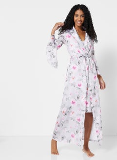 Buy Printed Satin Nightdress Set Light Grey/Pink in UAE