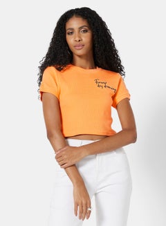 اشتري Embroidered Slogan Crop Top Orange في الامارات