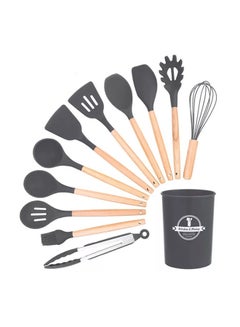 Buy 11-Piece Silicone Cooking Utensil Set With Holder and Hanger Hook Grey/Brown One Size in UAE