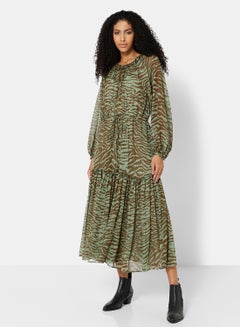 Buy Flowy Animal Printed Puff Sleeve Midi Dress Khaki in UAE