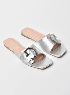 Buy Animal Pattern Broad Strap Flat Sandals Silver in UAE