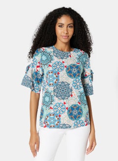 Buy Women's Casual Round Neck Back Zipper Short Sleeve Top Blue Print in Saudi Arabia