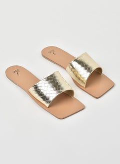 Buy Quilted Pattern Broad Strap Flat Sandals Gold in Saudi Arabia