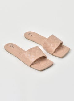 Buy Quilted Pattern Broad Strap Flat Sandals Beige in Saudi Arabia