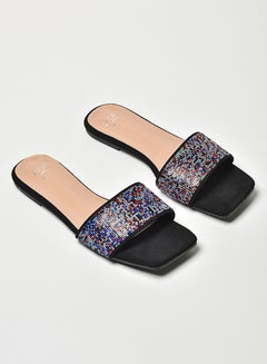 Buy Stone Embellished Broad Strap Slip-On Flat Sandals Black/Blue/Red in Saudi Arabia