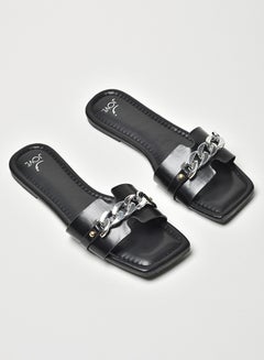 Buy Chain Embellished Broad Strap Flat Sandals Black/Silver in Saudi Arabia