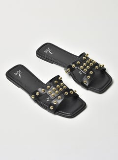 Buy Stone Embellished Broad Strap Flat Sandals Black/Gold in Saudi Arabia