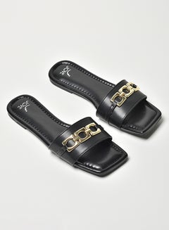 Buy Embellished Broad Strap Flat Sandals Black/Gold in UAE