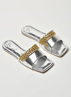 Buy Chain Embellished Broad Strap Slip-On Flat Sandals Silver/Gold in UAE