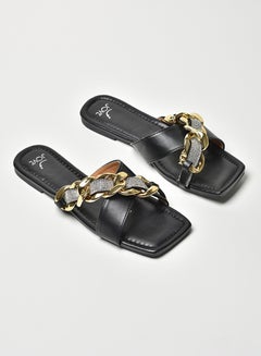 Buy Stone Chain Embellished Strap Flat Sandals Black/Gold/Silver in Saudi Arabia