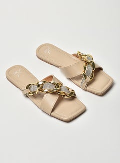 Buy Stone Chain Embellished Strap Slip-On Flat Sandals Beige/Gold/Silver in Saudi Arabia