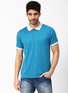 Buy Men's Basic Casual Polo Neck Cotton Comfort Fit Half Sleeve T-Shirt Heather Light Blue in Saudi Arabia