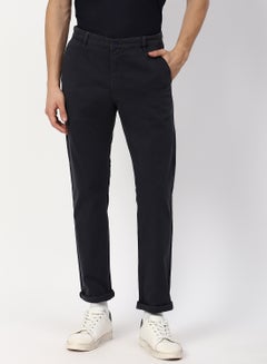 Buy Solid Twill Trousers Navy Blue in UAE