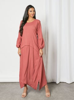 Buy Solid Pattern Puff Sleeve Maxi Modest Dress Dusty Pink in UAE