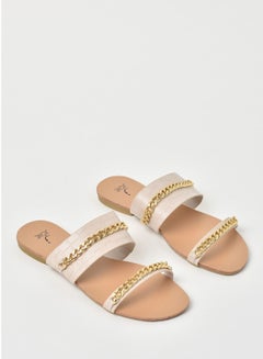 Buy Animal Pattern Chain Detail Strap Flat Sandals Beige/Gold in Saudi Arabia