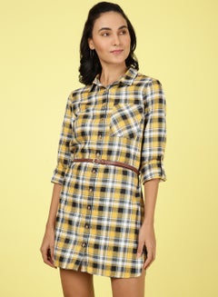 Buy Collared Neck Checkered Mini Dress Multicolour in UAE