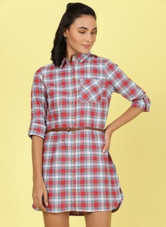 Buy Collared Neck Checkered Mini Dress Multicolour in UAE