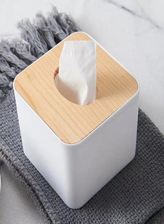 Buy Plastic Square Shape Facial Tissue Box With Bamboo Cover White 11x11x8.3cm in UAE