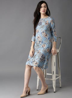Buy Floral Printed Round Neck Knee Length Dress Blue/Beige in Saudi Arabia