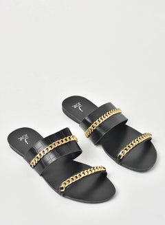 Buy Animal Pattern Chain Detail Strap Flat Sandals Black/Gold in Saudi Arabia
