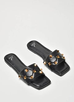 Buy Quilted Pattern Broad Strap Flat Sandals Black/Gold in Saudi Arabia