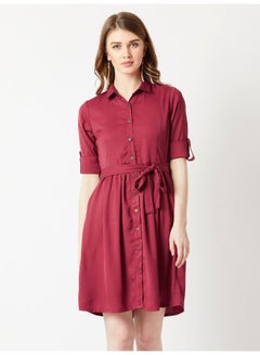 Buy Collared Neck Belted Shirt Dress Maroon/Red in UAE