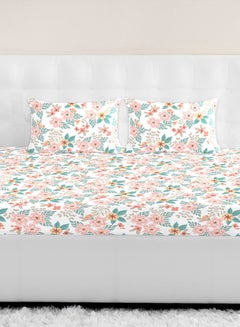 اشتري Fitted Bedsheet Set Twin Size High Quality 100% Cotton Percale 144 TC Light Weight Everyday Use 1 Bed Sheet And 2 Pillow Cases Printed White/Pink/Green cotton White/Pink/Green 120 x 200 + 33cm في الامارات