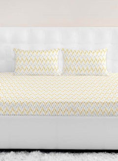 اشتري Fitted Bedsheet Set Single Size High Quality 100% Cotton Percale 144 TC Light Weight Everyday Use 1 Bed Sheet And 2 Pillow Cases Printed White/Mustard Cotton White/Mustard في الامارات