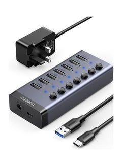 Buy USB Hub 7-ports  USB 3.0 Charging Extender Data Power Adapter with Individual On/Off Switches for Laptop PC HDD Flash Drive with UK Plug Power Adapter Black in UAE
